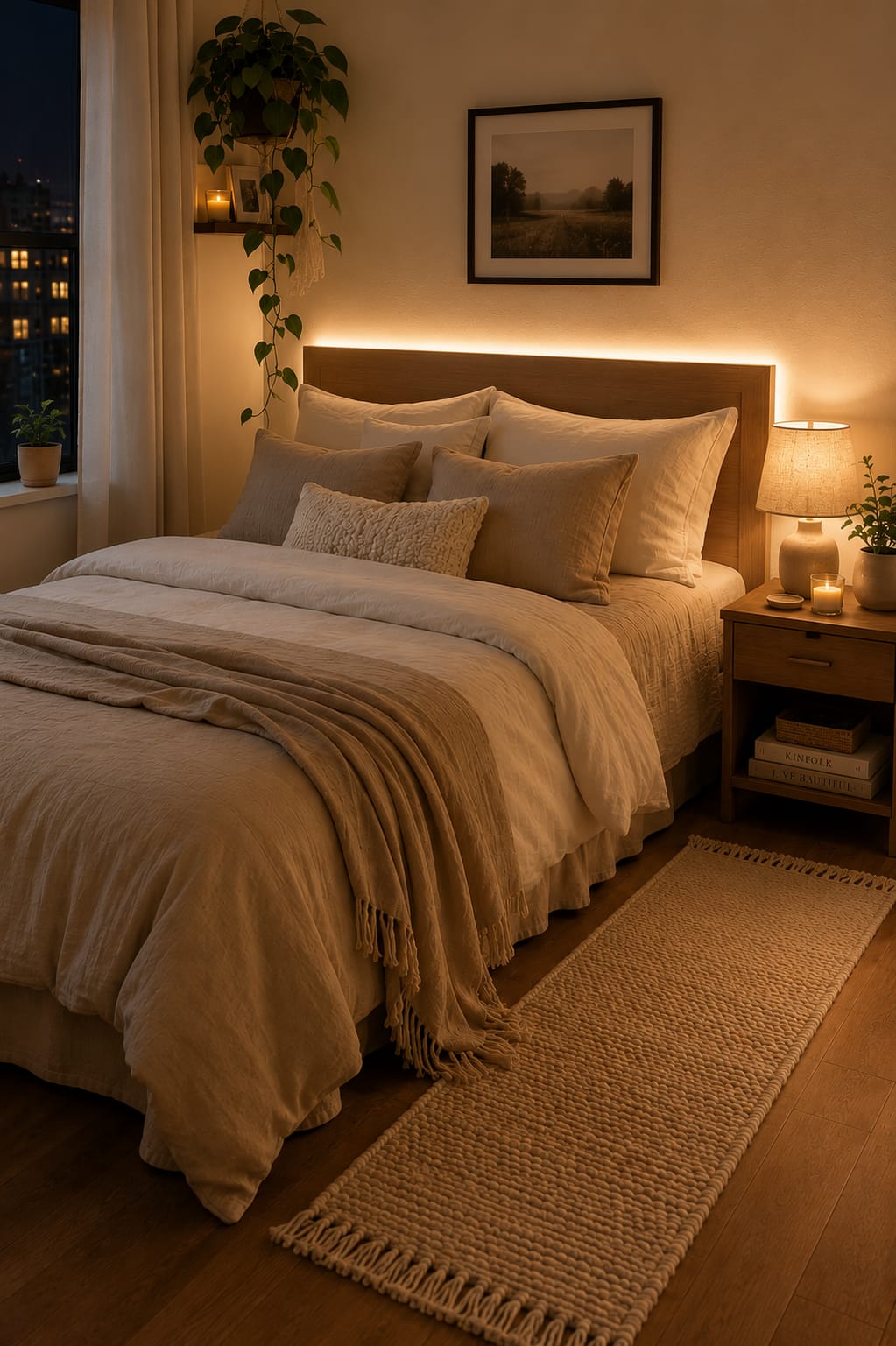Neutral layered bedding with linen duvet, knit throw at the foot of the bed and textured pillows