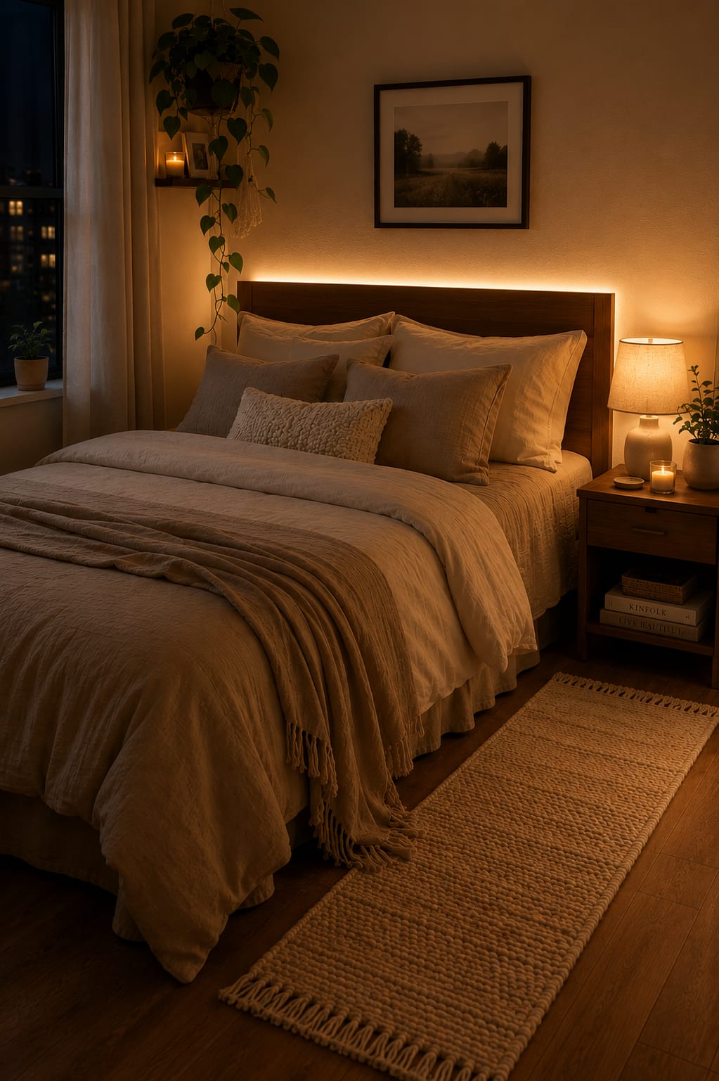 Bedroom lit by warm string lights and a small bedside lamp instead of overhead lighting