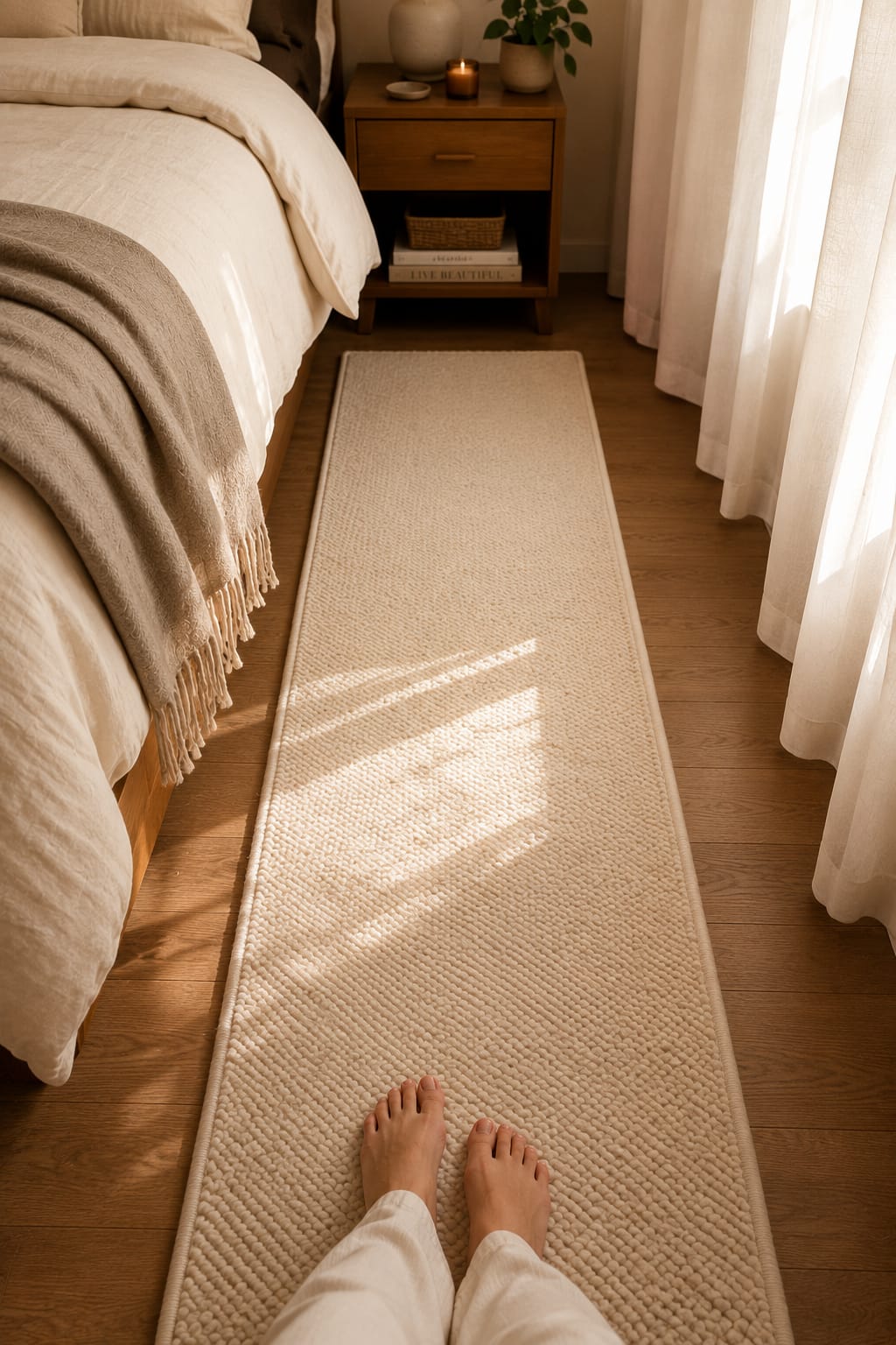 Soft cream runner rug beside a bed on a wooden floor