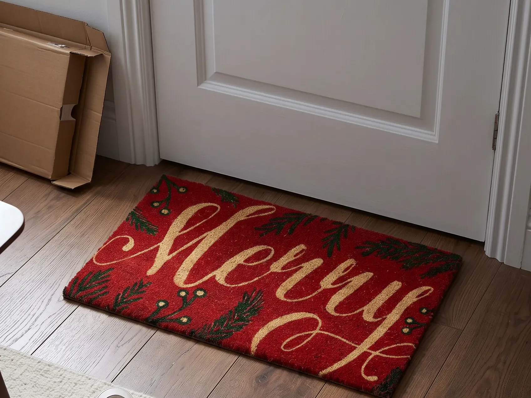 Coir Christmas doormat squared to a front door threshold with a wreath on the door above it, a simple starting point for Christmas decor ideas