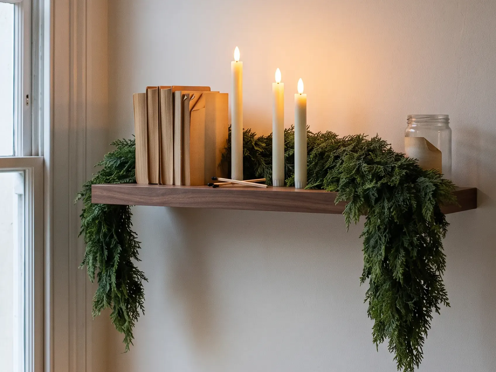 Faux cedar garland running along a shelf edge with flameless taper candles standing behind it, Christmas decor ideas for a mantel without open flame
