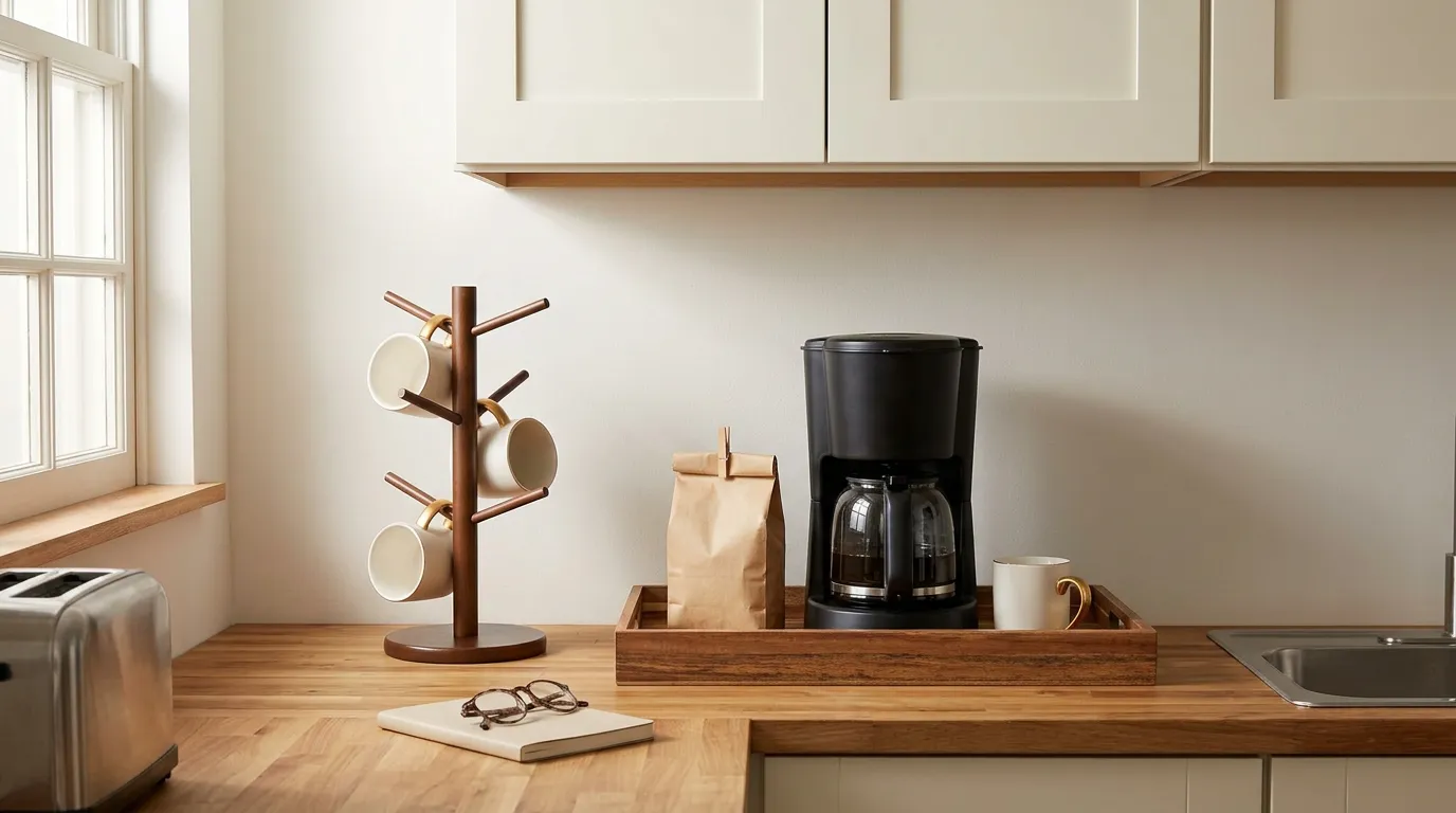 Narrow rental kitchen counter in morning light with a compact home coffee bar set up on a wooden tray beside a window, showing coffee bar ideas for small spaces