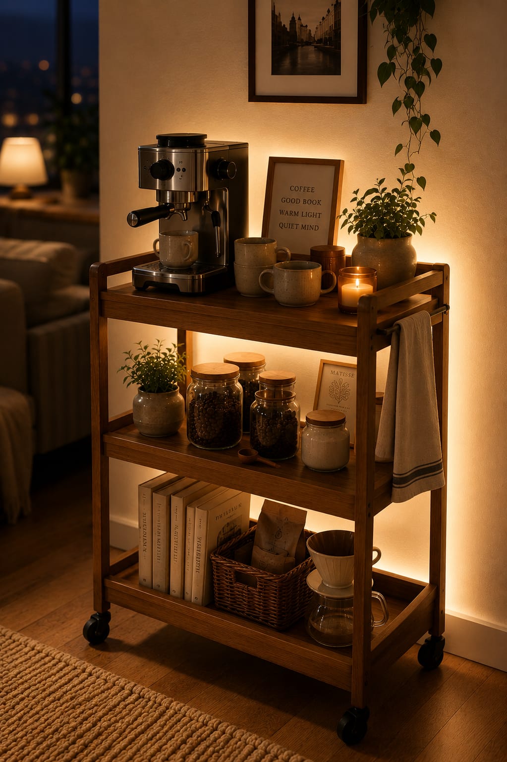 Small home coffee bar corner with wooden tray, ceramic mugs on a rack, and glass canisters on a slim cart