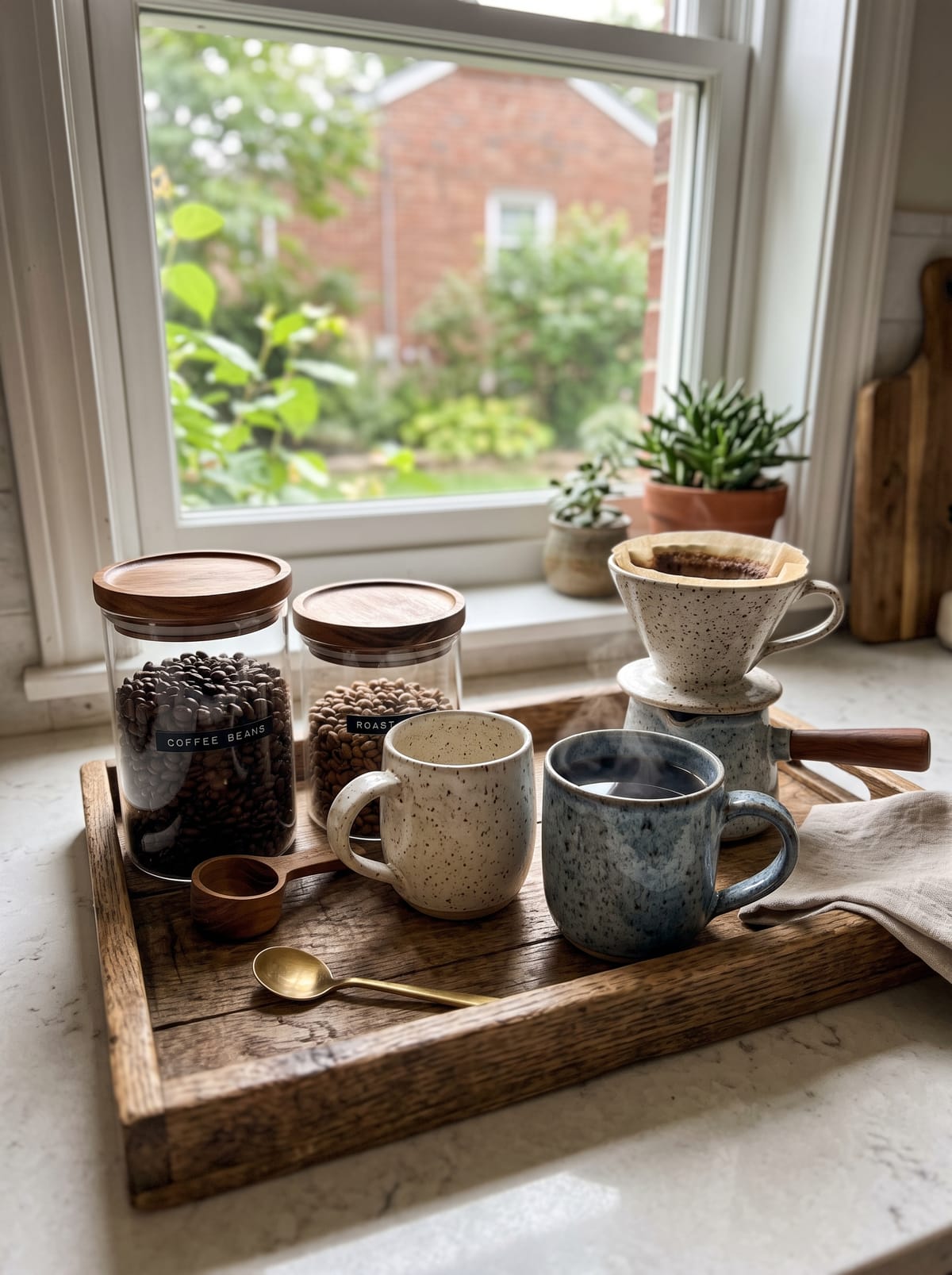 Wooden tray on a kitchen counter organizing a coffee station with mugs and canisters