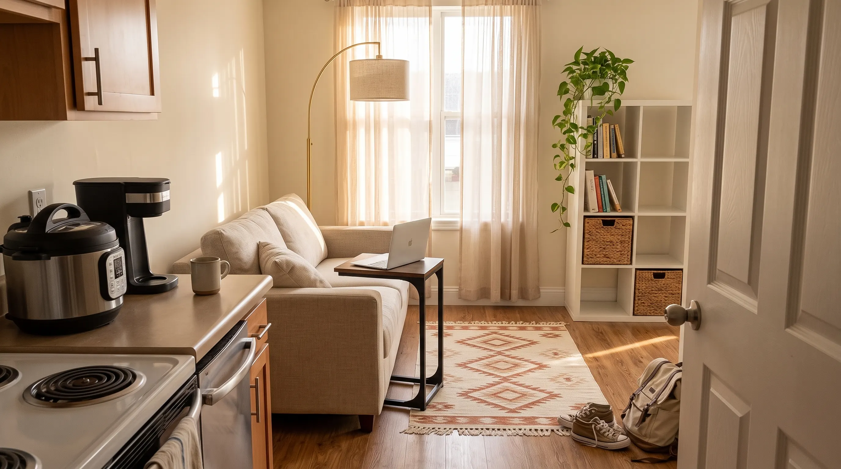 Wide view of a small furnished college apartment with a warm arc lamp, cube shelves, and a C-table beside a couch, showing college apartment must haves in a real space