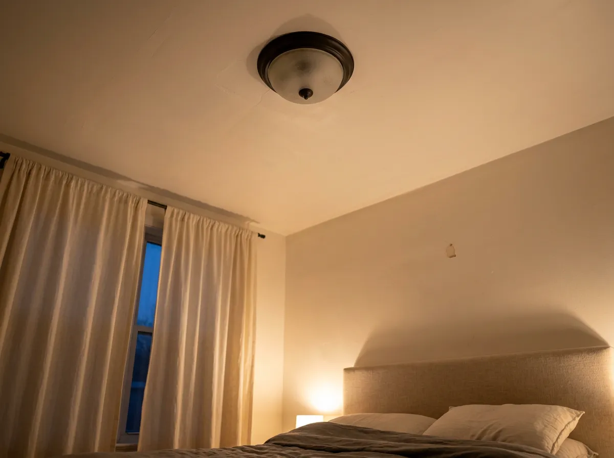 Bedside lamp glowing warm at dusk with the dark ceiling fixture above it, showing the 2700K bulb swap that starts cozy bedroom lighting