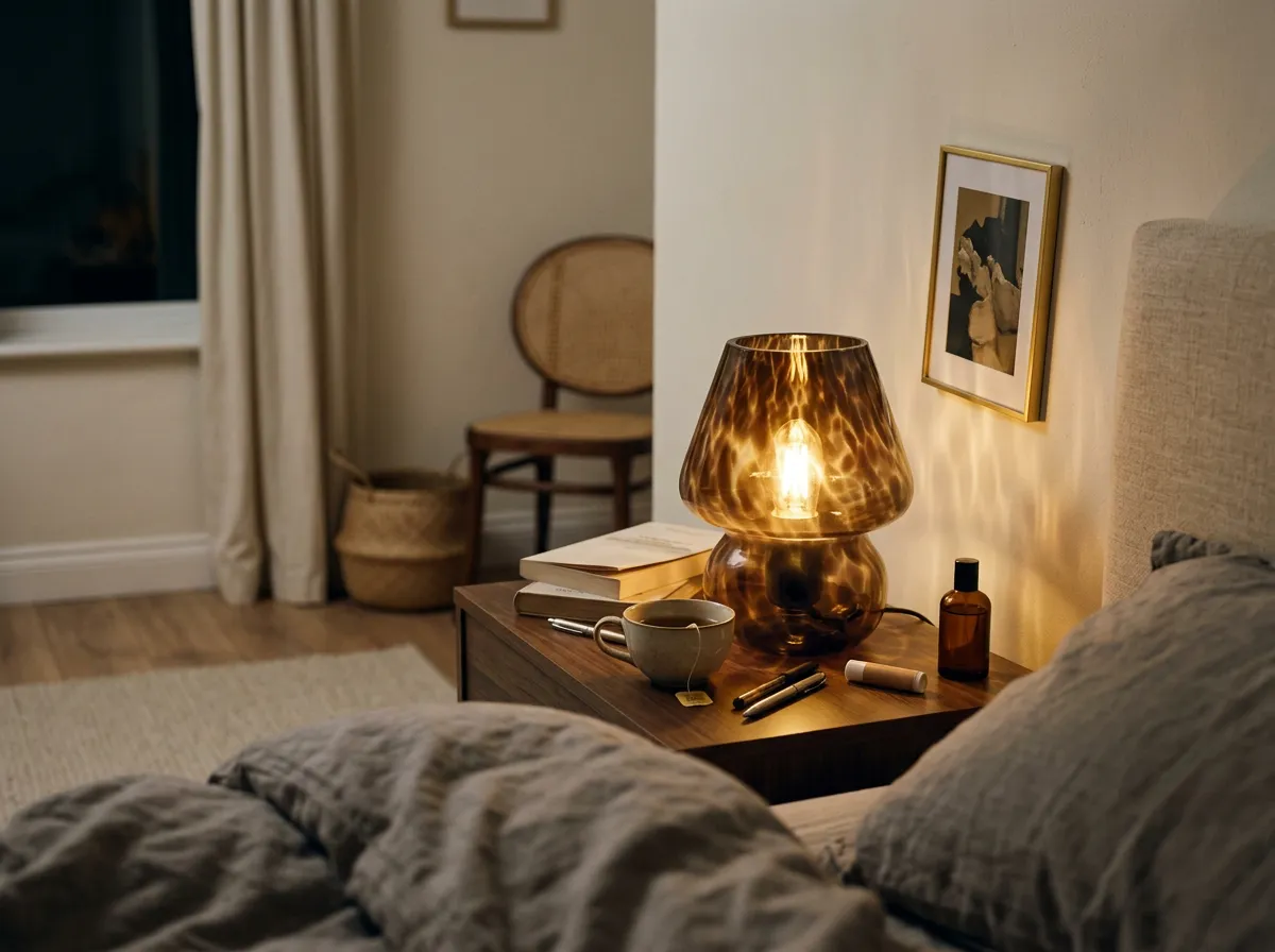 Amber tortoiseshell glass mushroom lamp lit on a wooden nightstand beside a bed, the warm bedside layer of cozy bedroom lighting