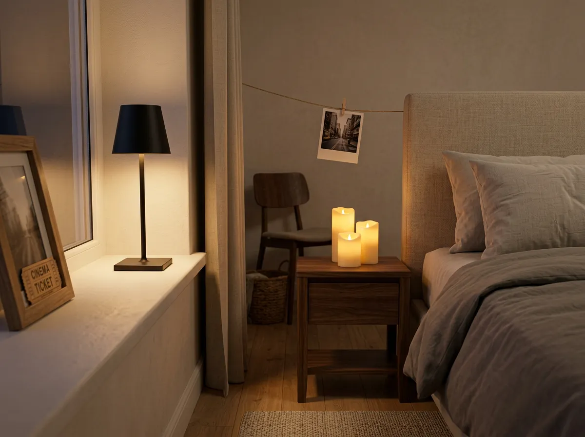 Cordless rechargeable lamp on a windowsill beside flameless pillar candles in a bedroom at night, the finishing layers of cozy bedroom lighting