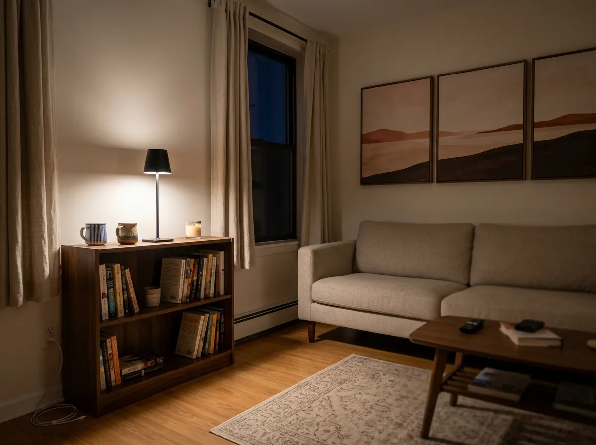Small black cordless table lamp glowing warm on a windowsill in a rented living room at dusk, one of the cozy home essentials that needs no outlet