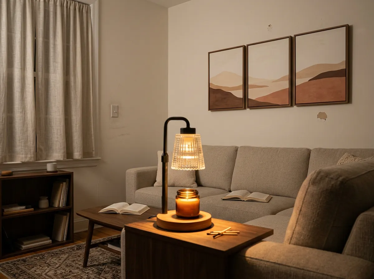 Candle warmer lamp on a wooden side table melting a jar candle with a warm amber glow, a flame-free cozy home essential for renters
