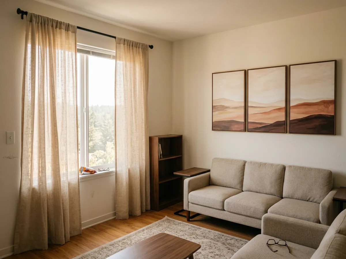 Natural linen semi-sheer curtains hung high above an apartment window filtering warm afternoon light, a renter-friendly cozy home essential