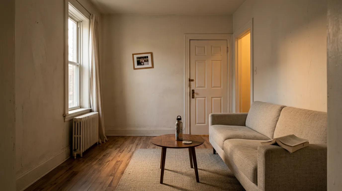 Small rented living room at dusk with a pale sofa, a leaning wooden blanket ladder and a warm lamp glow, a renter-friendly take on cozy living room ideas