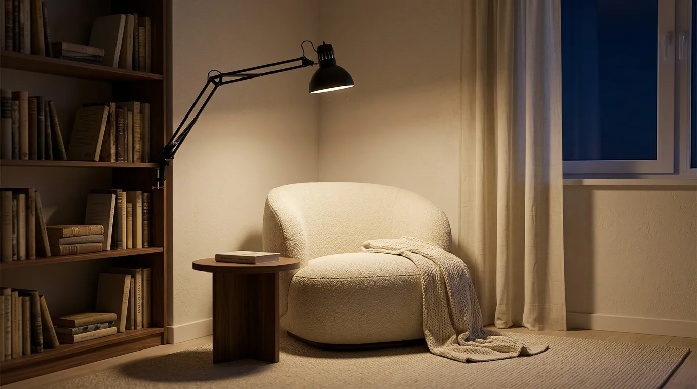 Cozy reading nook in a small apartment at dusk with a warm clamp lamp arched over an armchair and a folded blanket, showing small space reading nook ideas in place