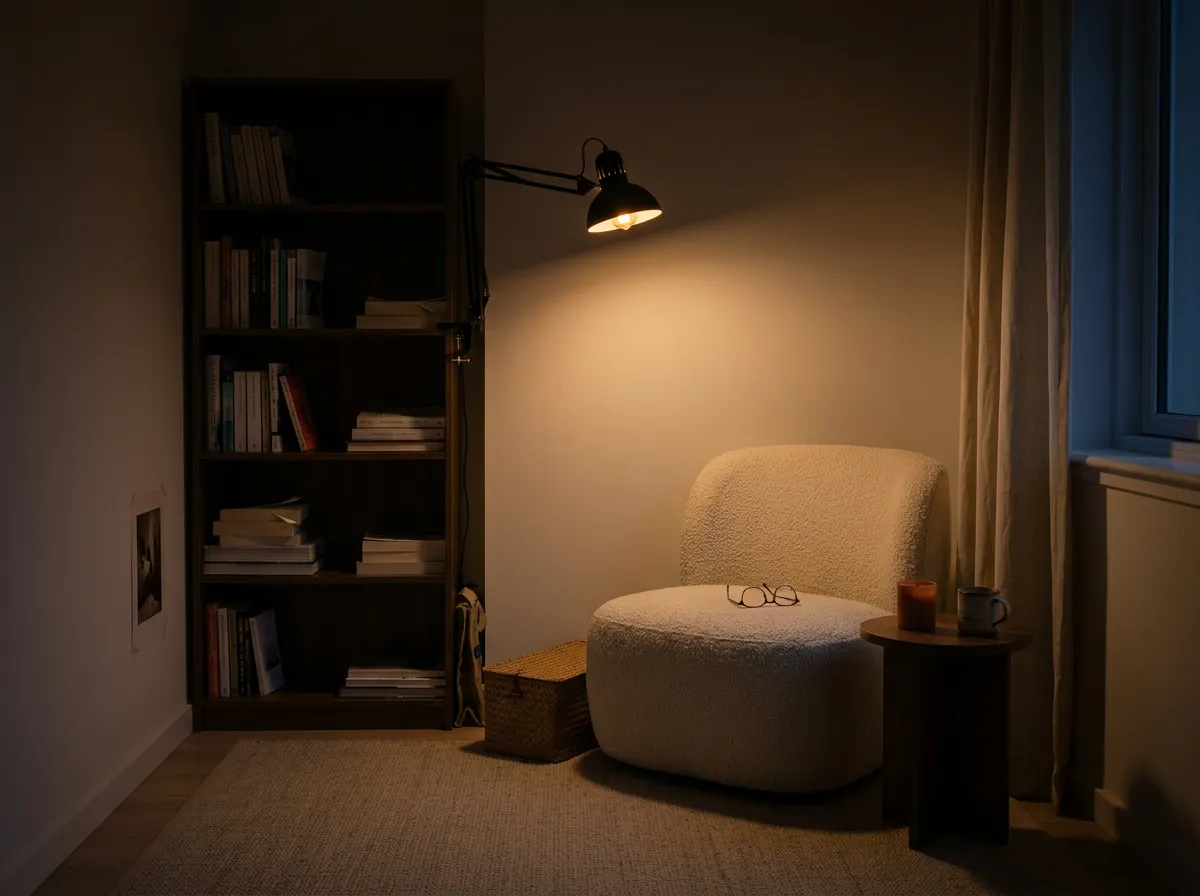 Black swing-arm clamp lamp gripping a bookshelf edge and glowing warm over an armchair, the first of the reading nook ideas to get right