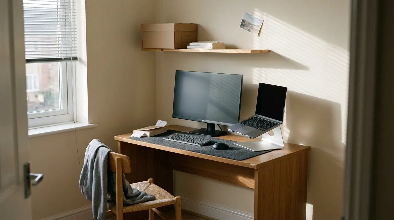 Small wooden desk in a sunny apartment corner with a laptop on a stand, a felt desk mat, and a warm light bar, showing desk essentials in a compact workspace