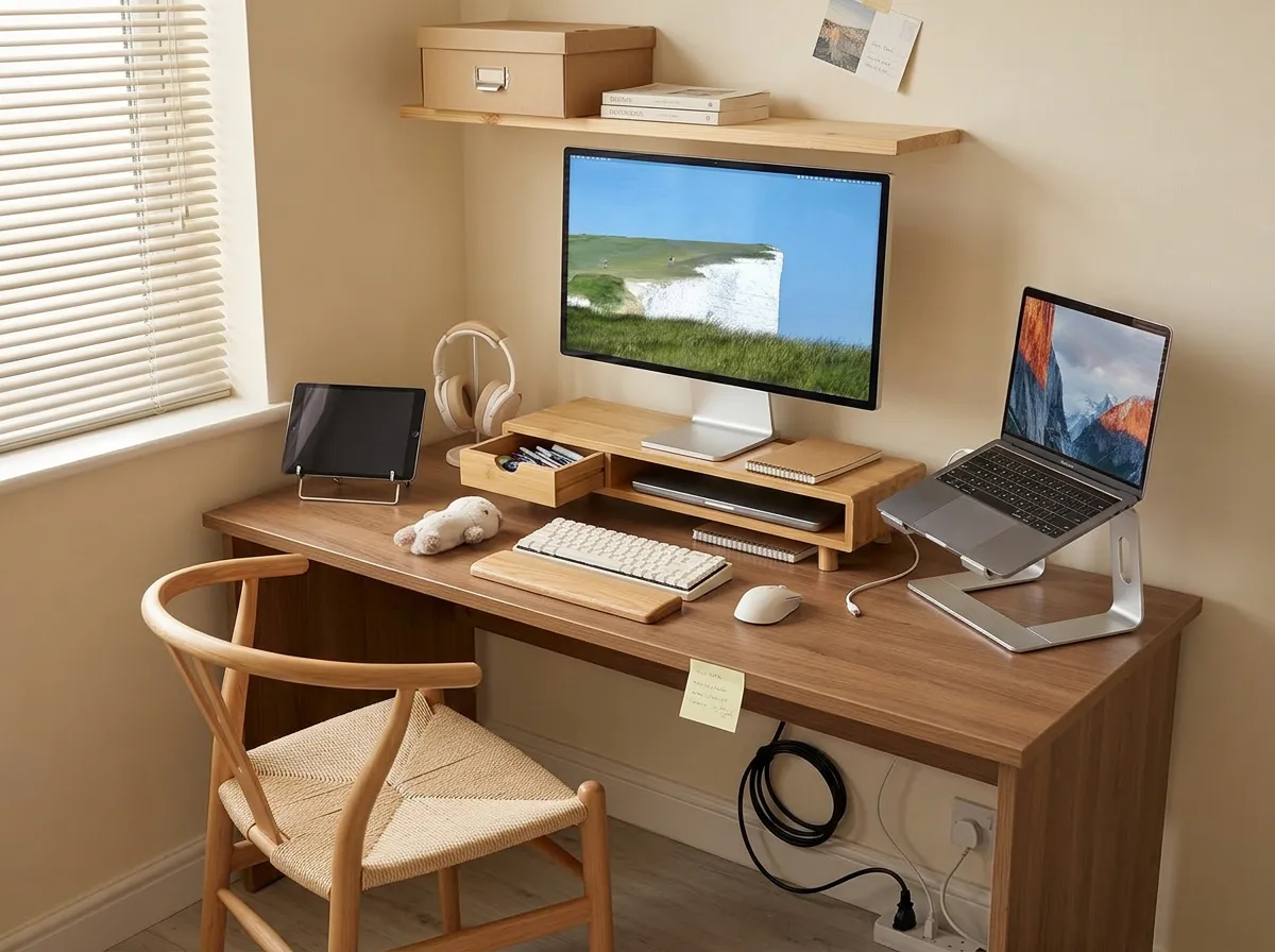 Bamboo monitor stand riser with a small drawer holding a notebook and pens on a compact desk, a core desk essential for small desk organization