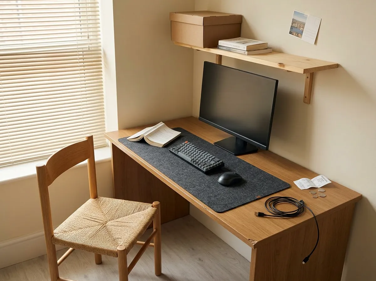 Large charcoal felt desk mat under a keyboard, mouse, and ceramic mug on a compact wooden desk, a desk essential that makes a small workspace look tidy