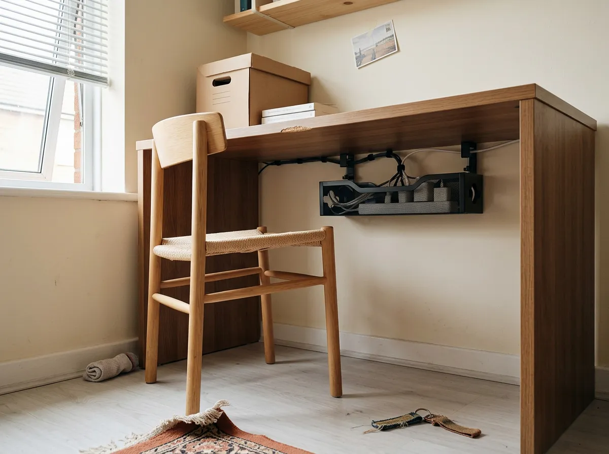 Under-desk cable management tray clamped beneath a desktop holding a power strip and coiled cords, a renter-friendly desk essential with no drilling