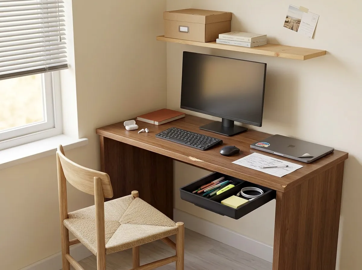Slide-out under-desk drawer stuck beneath a desktop holding pens, sticky notes, and a charger, a storage desk essential for small desk organization