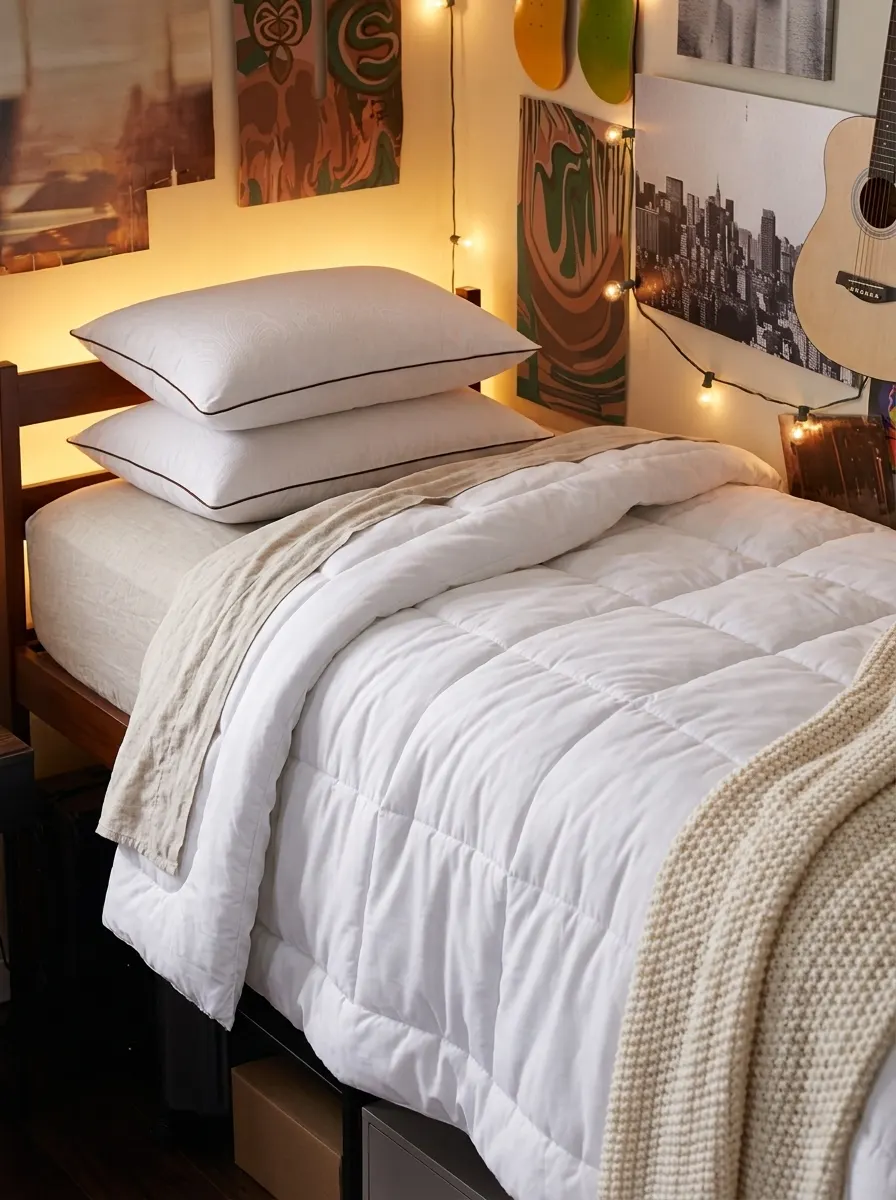 White down-alternative comforter draped over a Twin XL dorm bed in warm afternoon light, key dorm bedding layer for all-season comfort