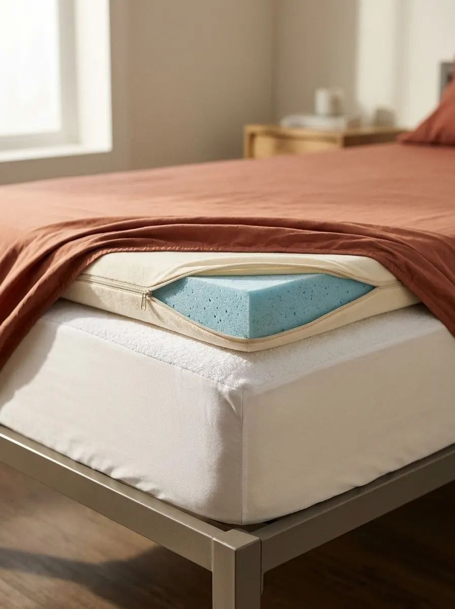 Close-up of a Twin XL dorm bed showing a gel memory foam topper over a fitted mattress protector, foundational dorm bedding layers