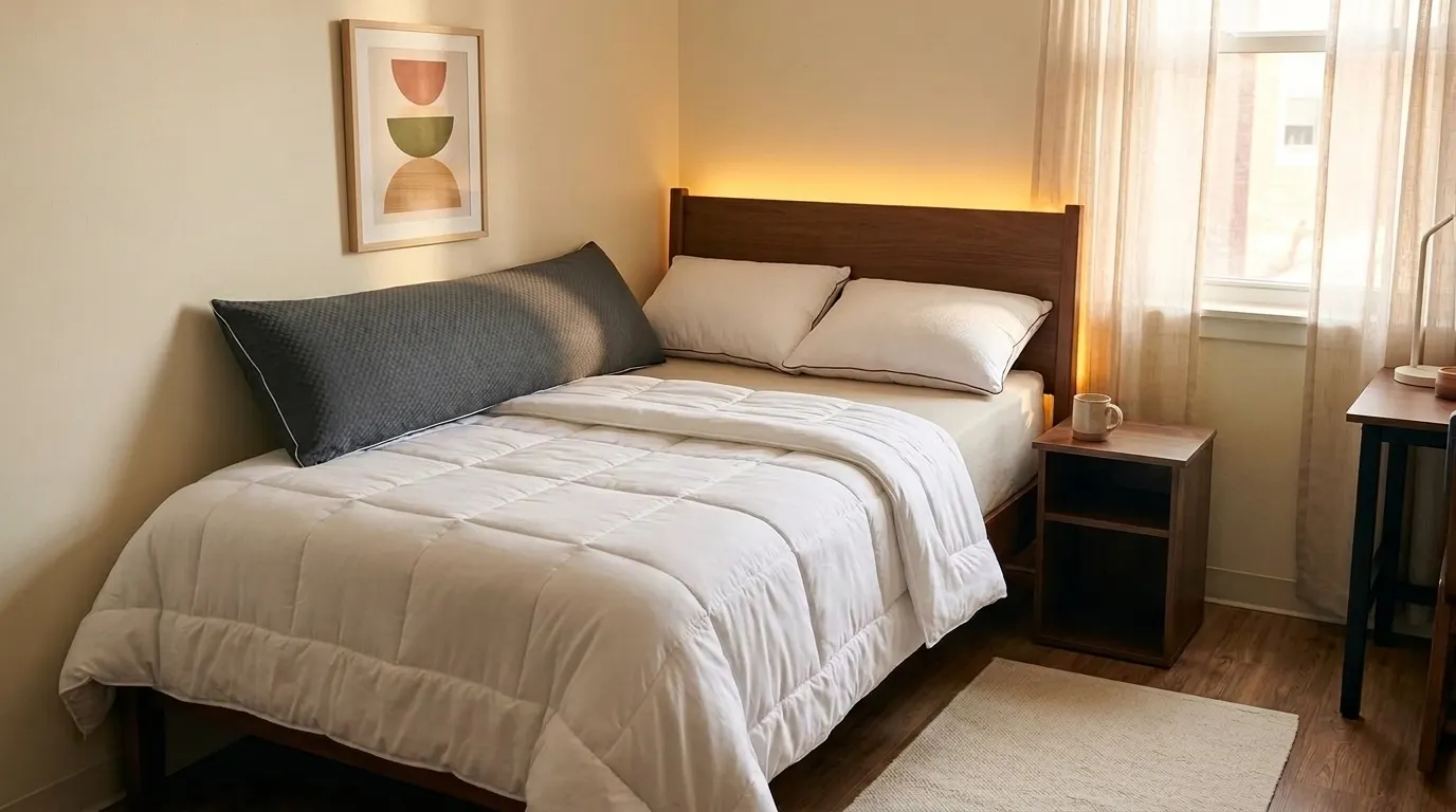 Wide view of a neatly made Twin XL dorm bed with layered white bedding, a body pillow against the wall, and warm light from a hidden LED strip, showing complete dorm bedding setup