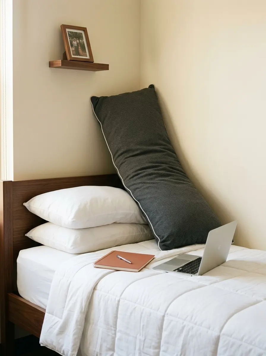 Two standard pillows and a long body pillow arranged on a Twin XL dorm bed against the wall, practical dorm bedding pillow setup
