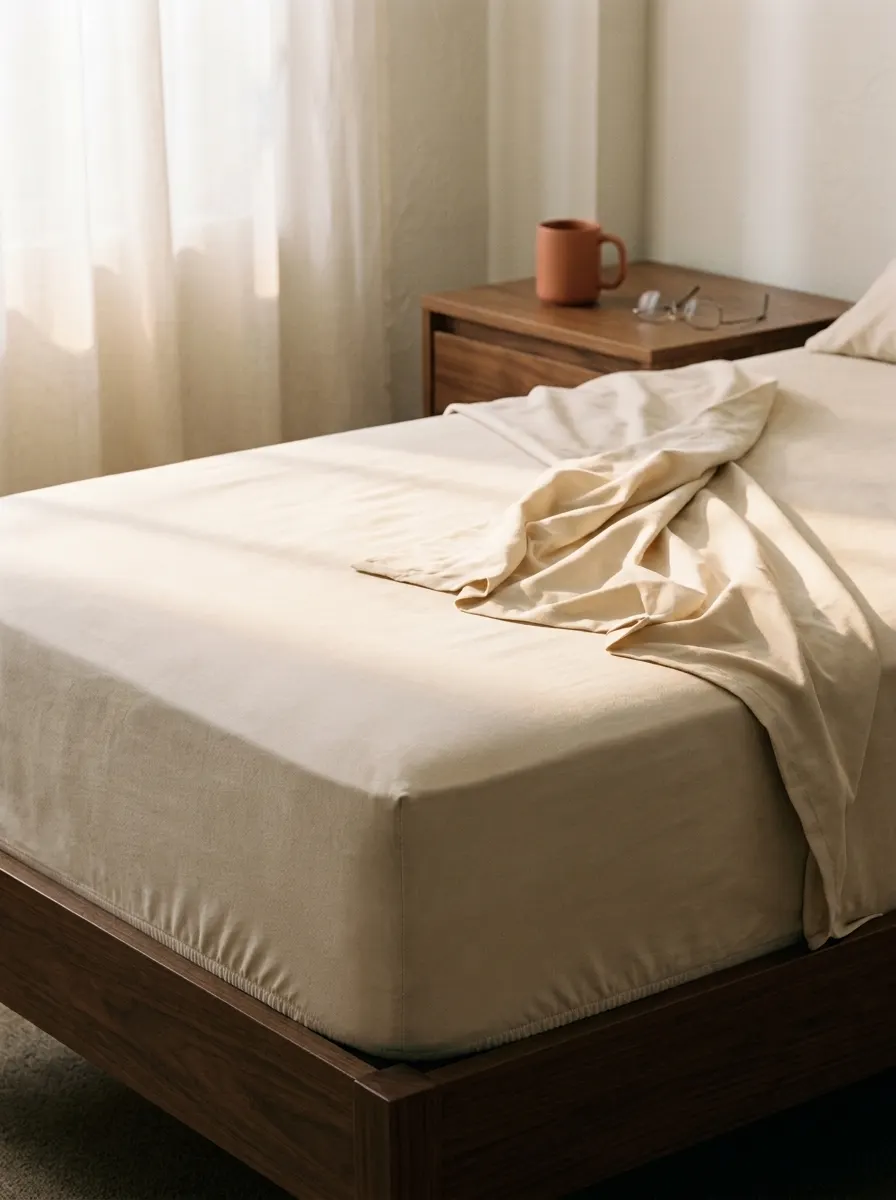 Hands smoothing a fitted sheet onto a Twin XL dorm mattress with a foam topper visible at the edge, essential dorm bedding sizing detail