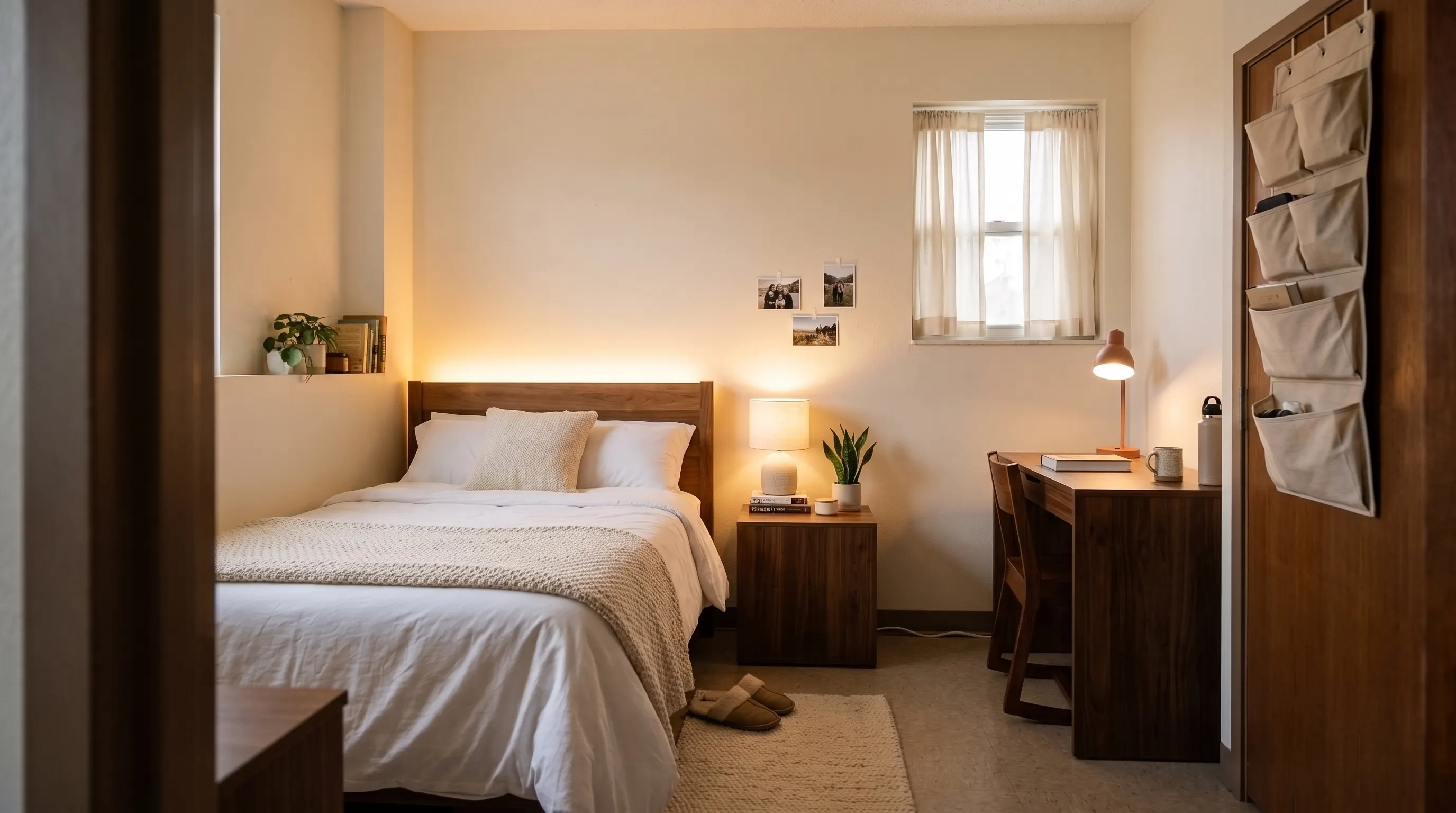 Warm, organized college dorm room with layered white bedding and a soft LED glow behind the headboard, showing dorm room essentials in a small space