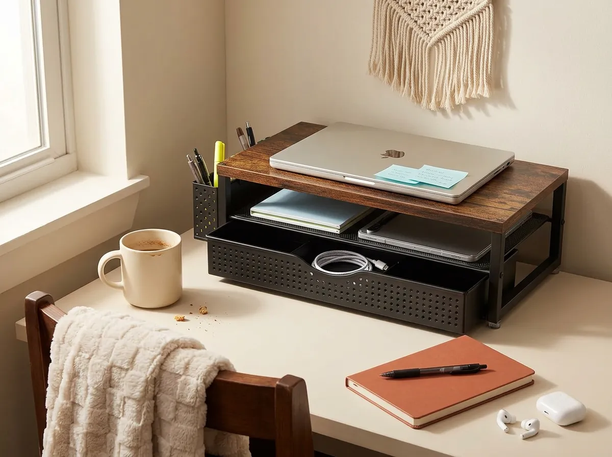 Organized dorm desk with a monitor stand riser and drawer, cream throw blanket on the chair, clean dorm room ideas for a study setup