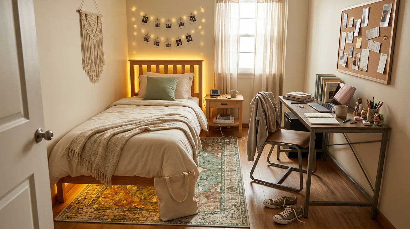 Wide view of a styled dorm room with a gallery wall, vintage rug beside the bed, and warm LED glow behind the headboard, showing dorm room ideas in a small space