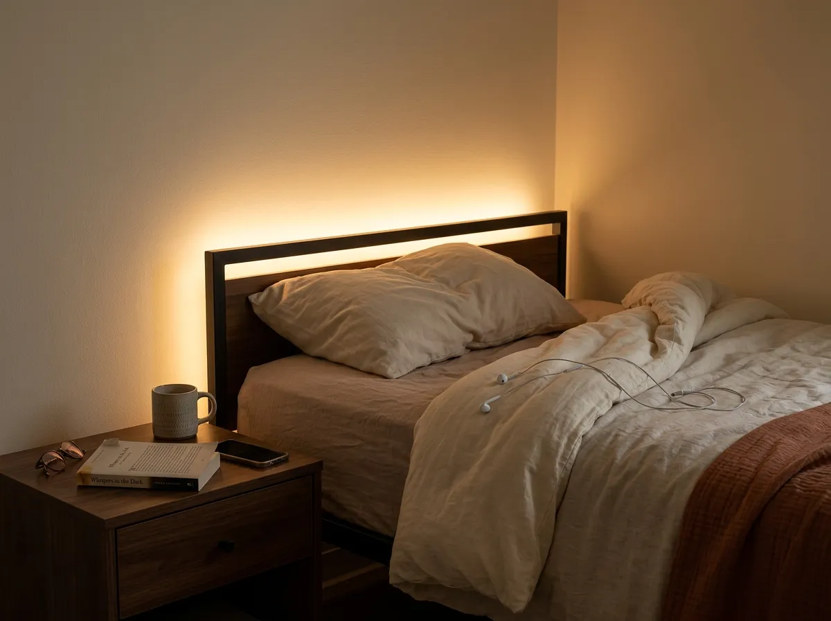Warm amber LED strip glow behind a dorm headboard at evening, casting soft light on the wall, cozy dorm room ideas for nighttime lighting
