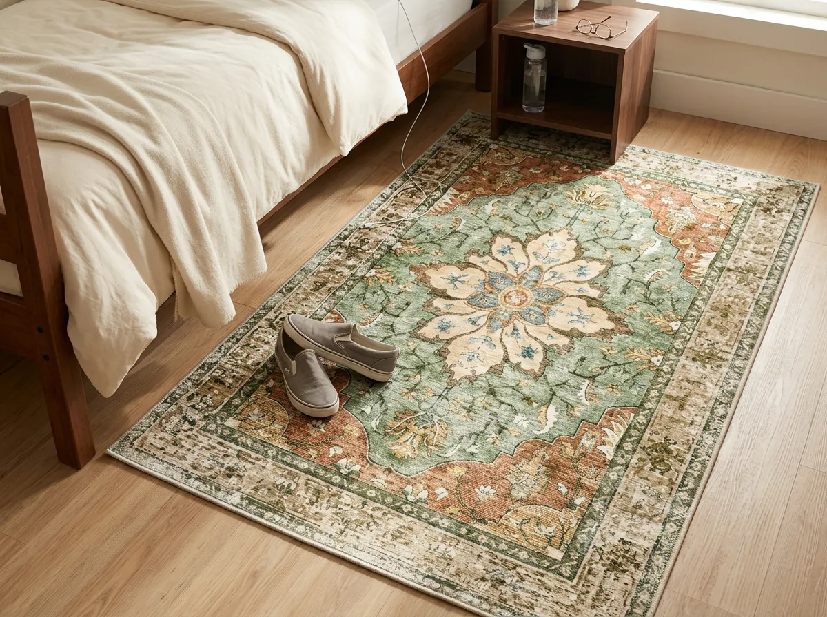 Vintage medallion 3x5 area rug beside a Twin XL bed on a dorm room floor, a simple dorm room ideas upgrade for warmth underfoot