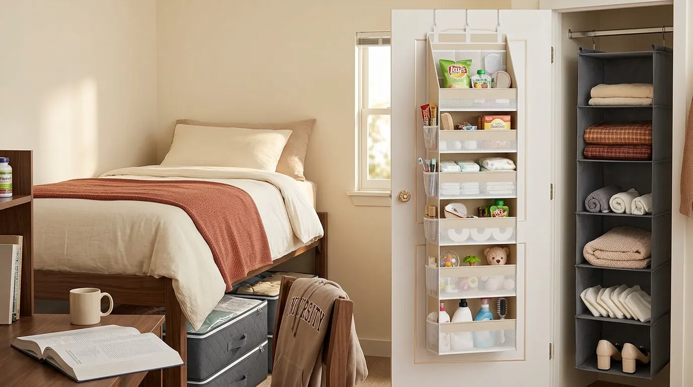 Wide view of an organized college dorm room with under-bed storage bins, a hanging closet shelf, and an over-door organizer visible, showing dorm room organization in a small shared space