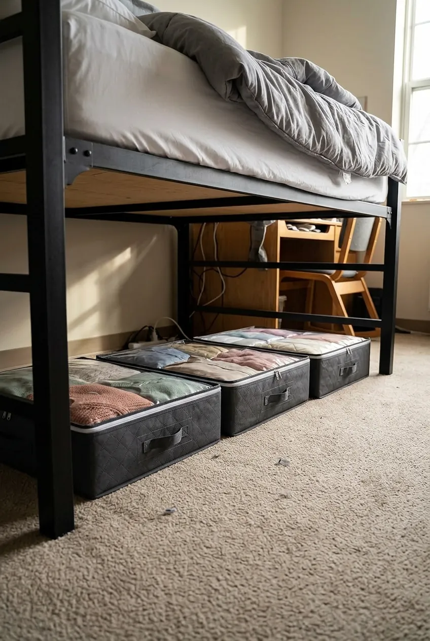 Foldable grey storage bags with clear windows sliding under a Twin XL dorm bed frame, practical dorm room organization for off-season clothes