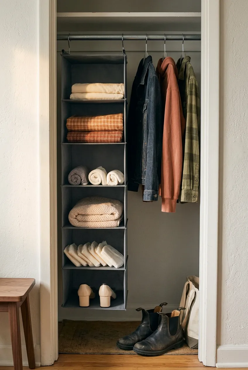 Six-tier hanging closet organizer shelf filled with folded sweaters and towels on a single rod in a small dorm closet, a key dorm room organization solution