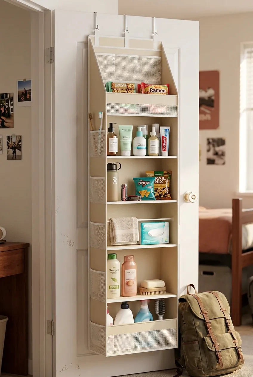 Over-the-door organizer with six shelves and mesh pockets hanging on the back of a dorm room door, showing damage-free dorm room organization for small items