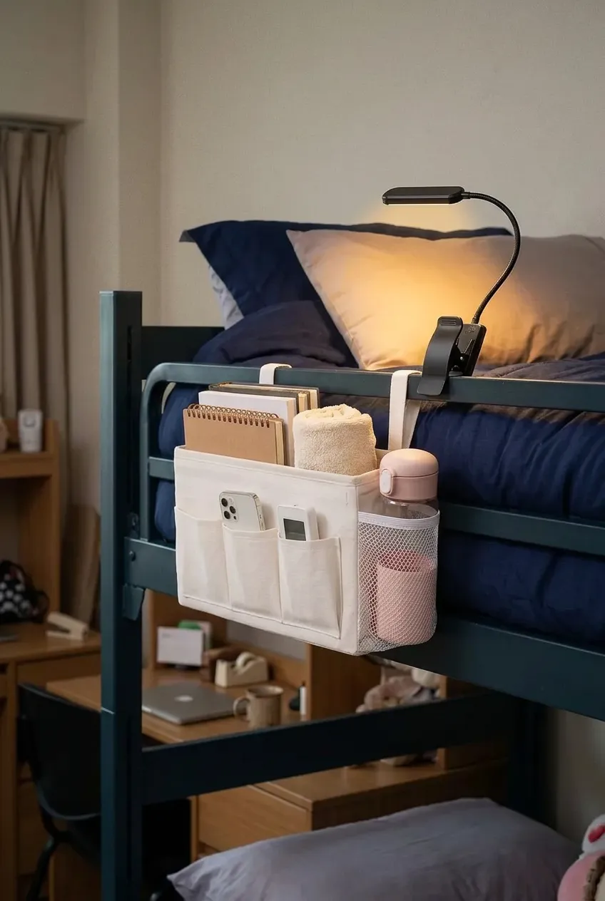 White bedside caddy organizer strapped to a bunk bed rail with a clip-on reading light casting warm amber glow, holding a phone, water bottle, and books, a simple dorm room organization fix for no nightstand