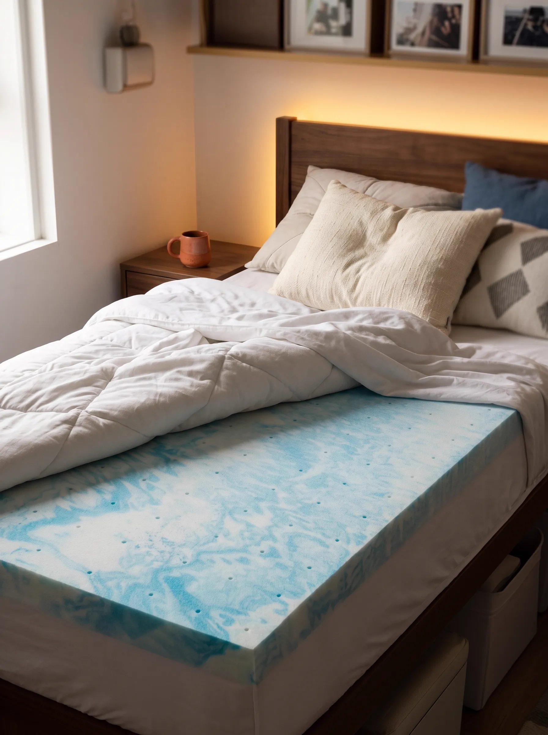 Twin XL bed with layered white sheets and a memory foam topper visible at the edge in a small college dorm room, key dorm room essentials for comfortable sleep