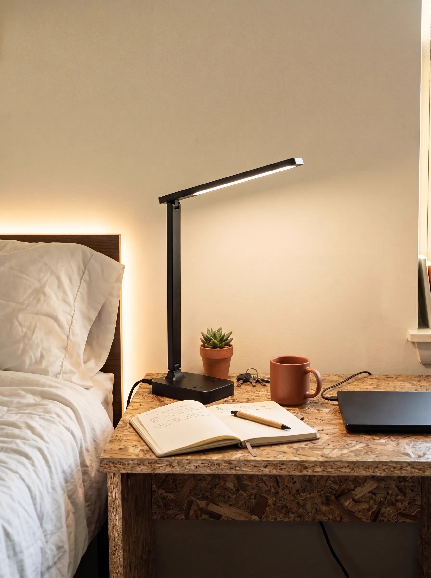 Small dorm desk with a folding LED lamp glowing warm and a flat-plug power strip tucked along the wall, essential dorm room essentials for a study setup