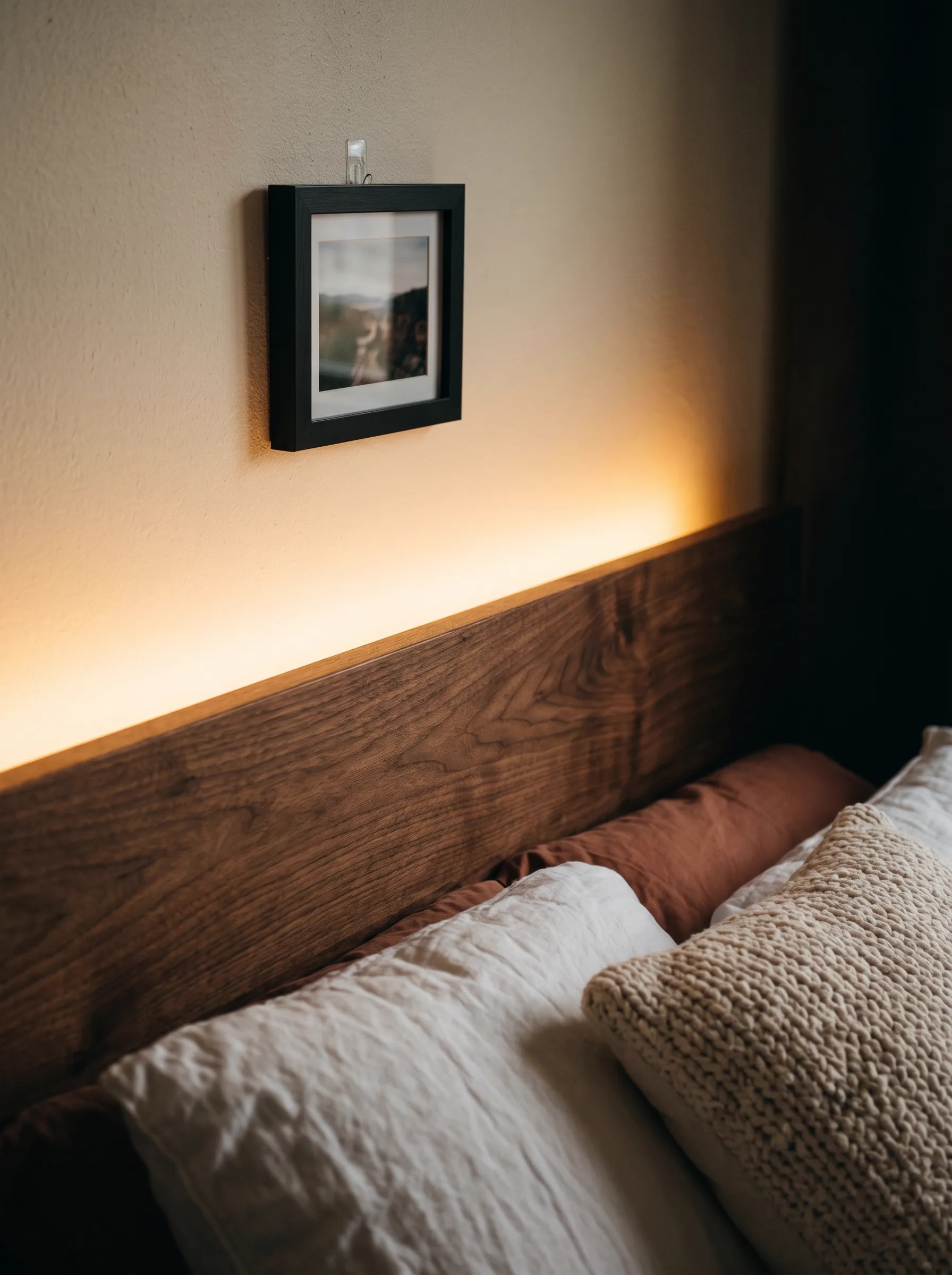 Warm COB LED strip glowing behind a dorm room headboard at evening, casting soft amber light on the wall, a key dorm room essentials upgrade for atmosphere