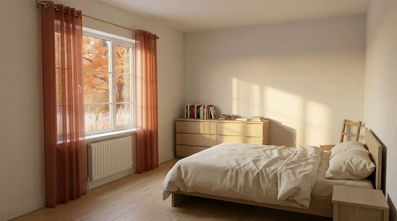 Rental bedroom in late afternoon with rust sheer curtains at the window and low sun crossing the far wall, showing renter friendly fall bedroom decor