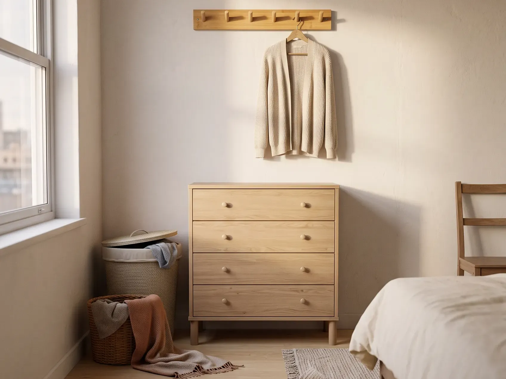 Bamboo peg rail on a bedroom wall holding a knitted cardigan above a chest of drawers, fall bedroom decor storage