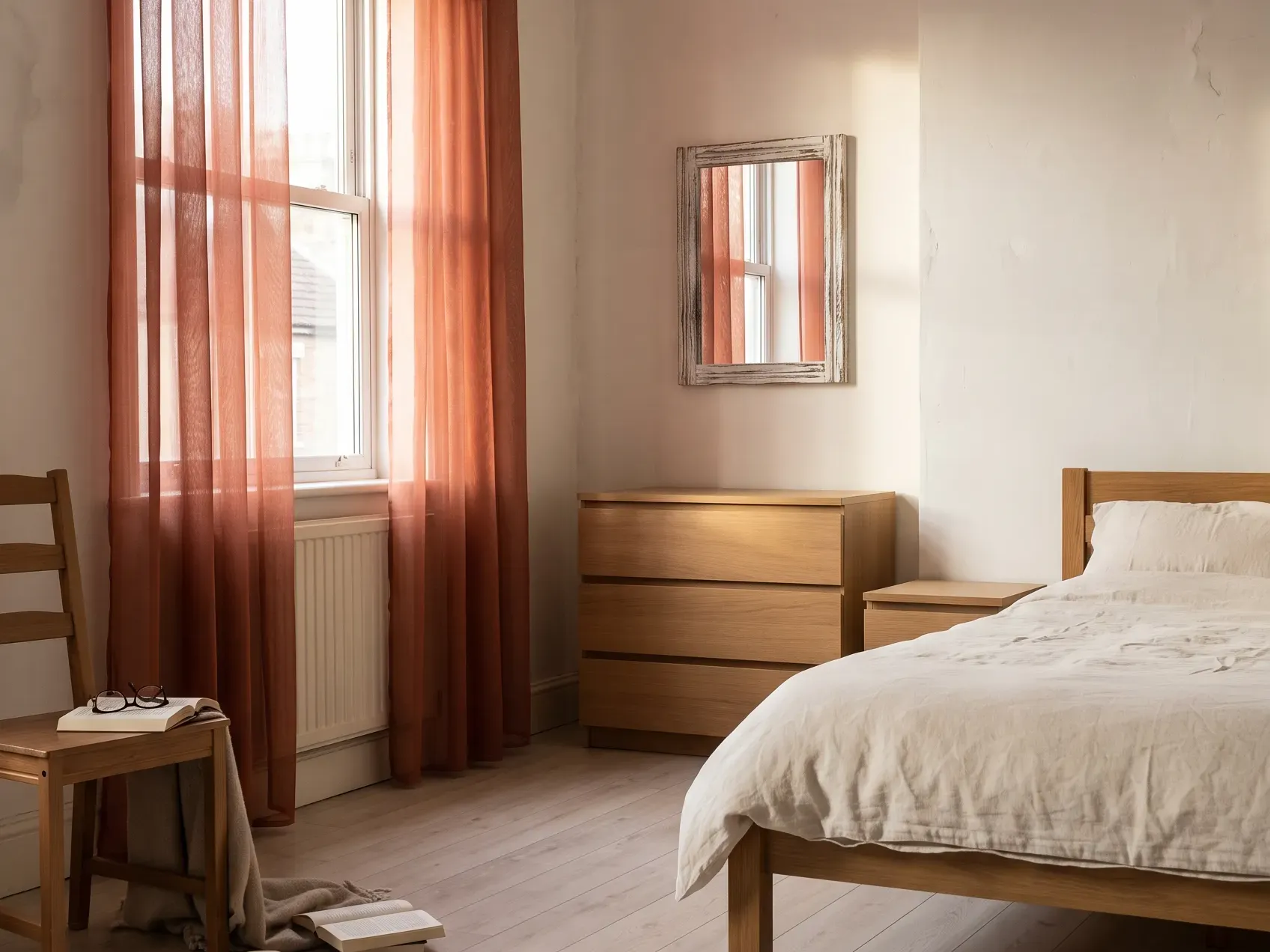 Small rustic wood framed mirror on a bedroom wall reflecting a window, brightening a small room for fall bedroom decor