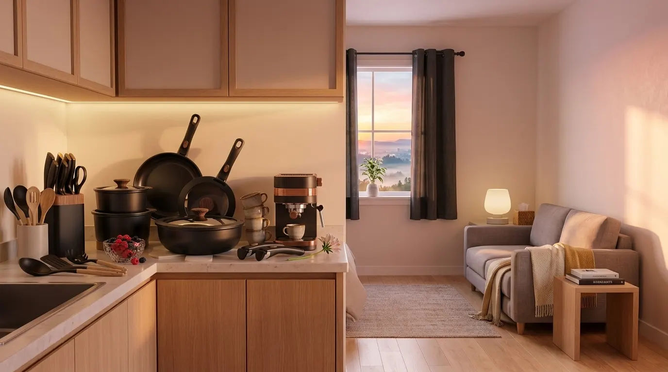 Bright small apartment kitchen and living area with warm natural light, compact cookware on the counter and blackout curtains in the background, showing first apartment essentials in a real space
