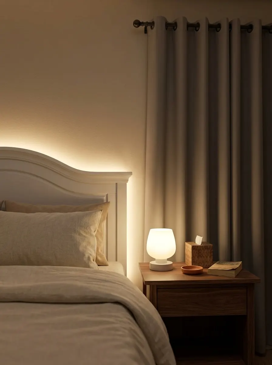 Apartment bedroom with blackout curtains drawn and a warm touch lamp glowing on the nightstand, simple first apartment essentials for a comfortable bedroom