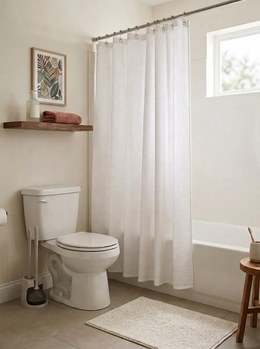 Apartment bathroom with a white waffle shower curtain, a plunger and brush set tucked beside the toilet, practical first apartment essentials for the bathroom