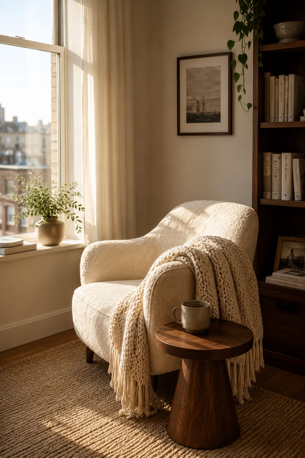Reading corner by a window with natural light, boucle chair and small side table