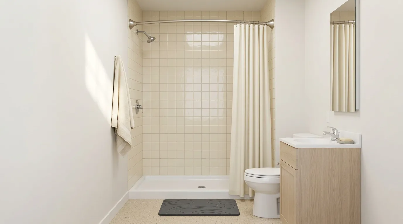 Small rental bathroom in warm morning light with beige wall tile, a white curtain on a curved rod and a folded towel on the vanity edge, showing small bathroom decor ideas