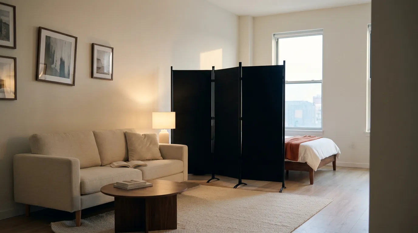Sunlit studio apartment with a folding screen standing between the bed and the sofa, showing renter friendly studio apartment ideas for one room